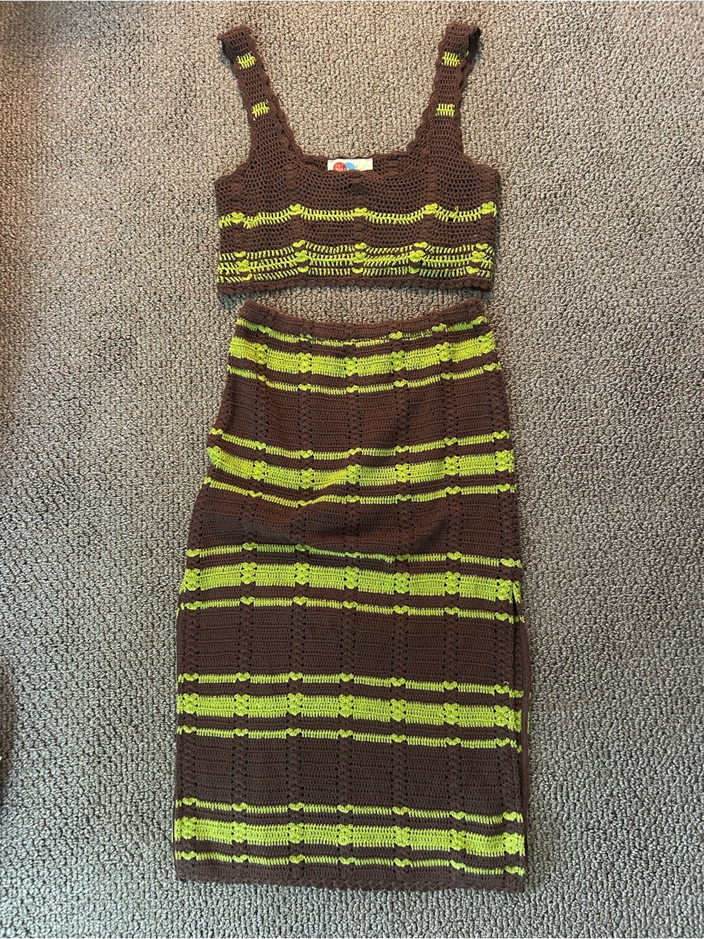 Free People Brown and Lime Knit Two-Piece Midi Dress Set